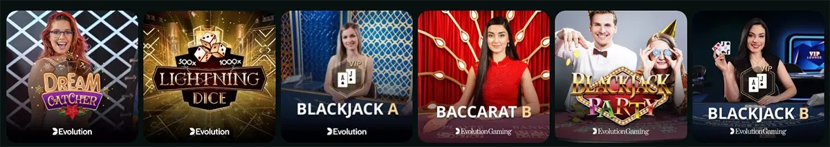 Row of live casino game thumbnails: Dream Catcher, Lightning Dice, Blackjack A, Baccarat B, Blackjack Party, and Blackjack B, featuring studio dealers and Evolution branding.