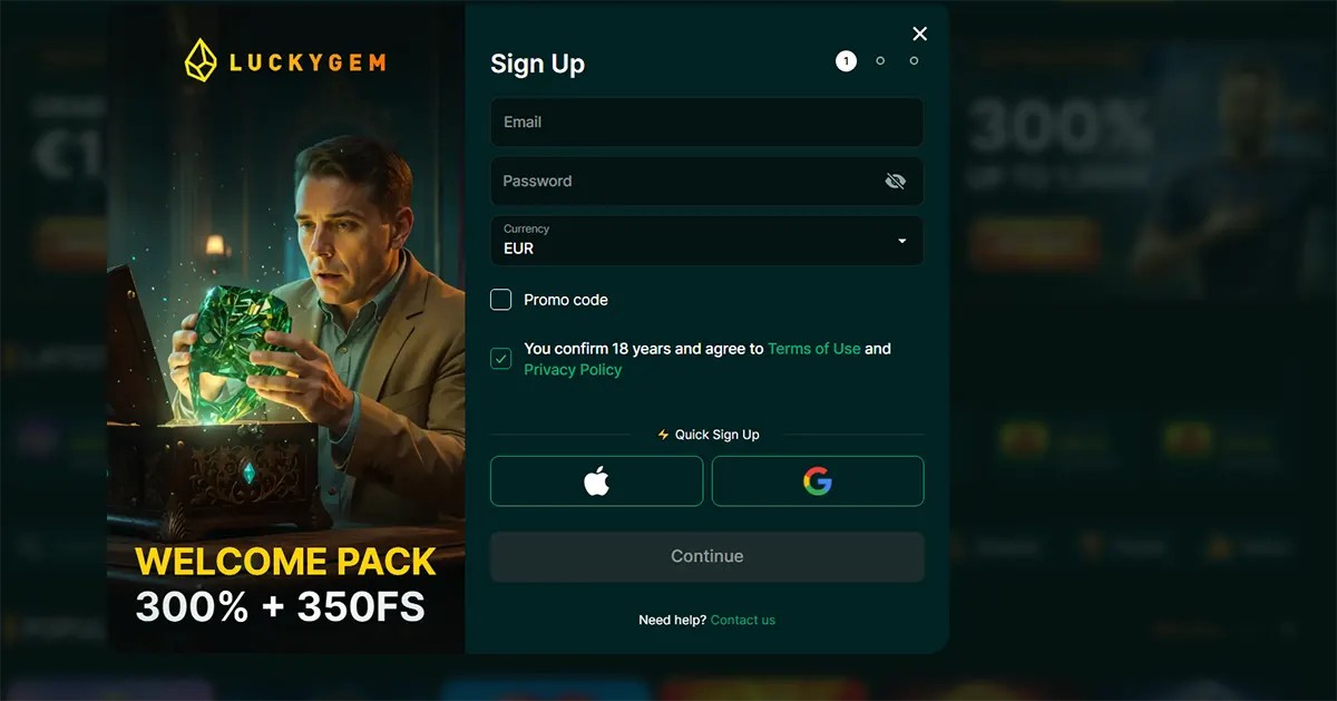 LuckyGem casino sign-up pop-up with email, password and currency fields, promo code option, and Apple/Google quick sign-up buttons, alongside a “Welcome Pack 300% + 350FS” graphic of a man holding a glowing green gem.